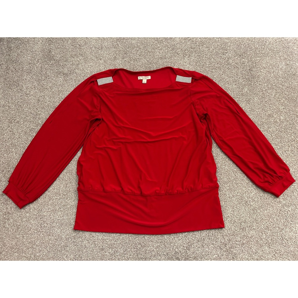 C&B Established 1962 Blouse Womens L Red Excellent Rhinestone Cold Shoulder